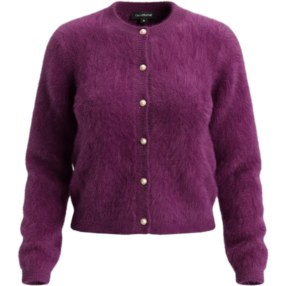 Calligraphie Womens Purple Fuzzy Eyelash Knit Faux Pearl Button Cardigan Size M